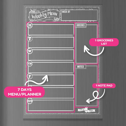 CHALKY CROWN Magnetic Dry Erase Menu Board for Fridge Includes 4 Liquid Chalk Markers - Weekly Meal Planner Blackboard, Grocery List & Notepad for Kitchen Refrigerator - Chalkboard Magnet 15.6" x11.6