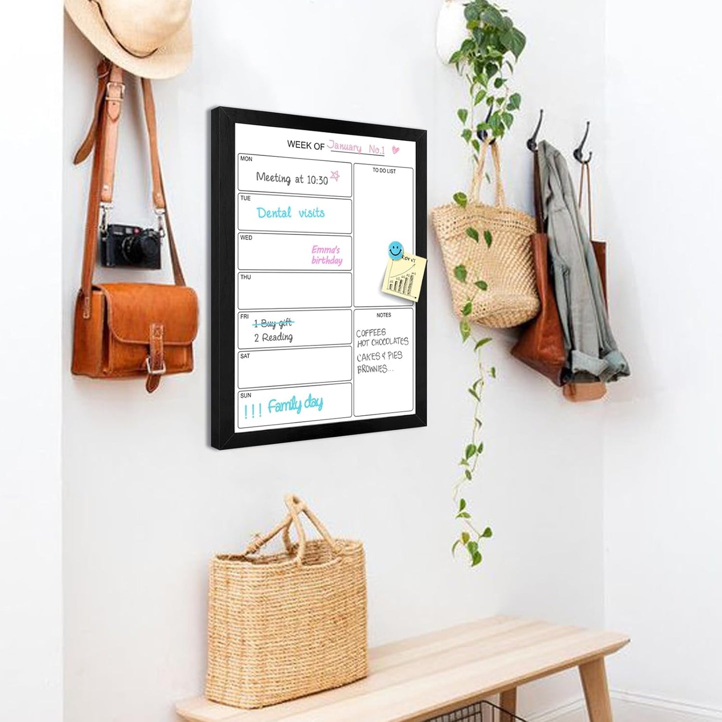 Weekly Dry Erase Whiteboard Calendar, 15.7"x11.8" Magnetic Surface Memo Board, Minimal Design Weekly Planner for Wall, Black Wood Frame Dry Erase Board for Office School Home(ZLBB-S-BK-3040)