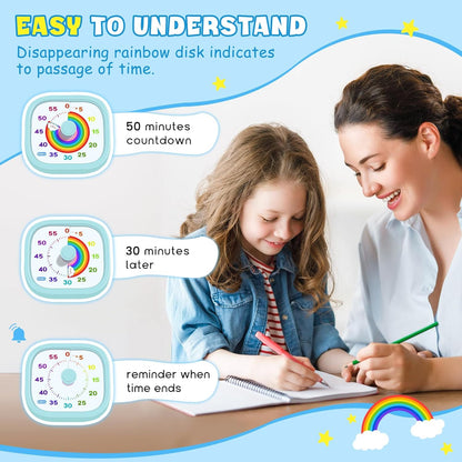 HIPPIH Visual Timer for Kids - 60 Minute Pomodoro Timers for Classroom Kitchen Office, Countdown Kids Timer Clock with Rainbow Disk, Desk Time Management Tool for Toddler with Silent Operation, Blue