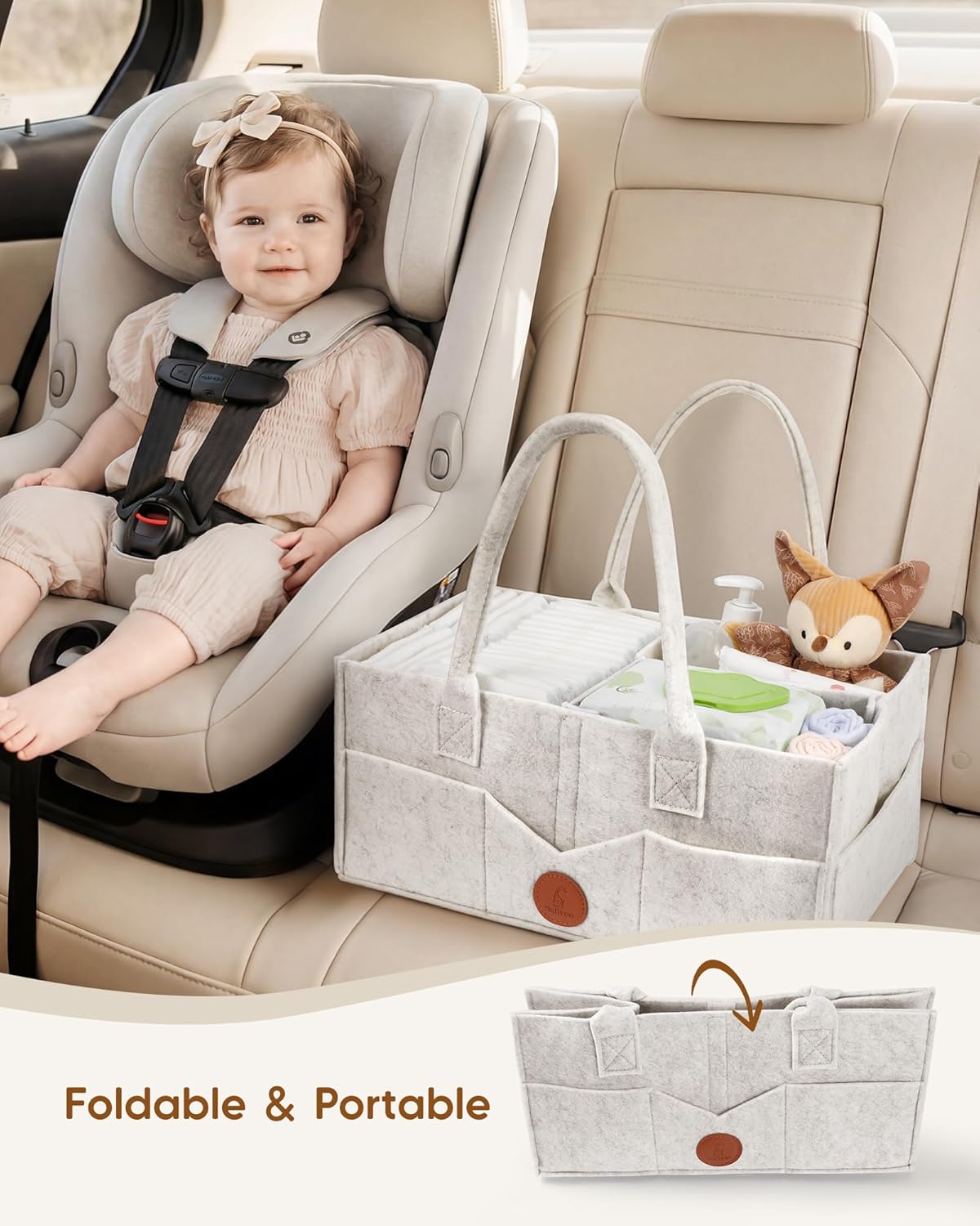 Maliton Baby Diaper Caddy Organizer for Changing Table, Nursery Storage Bin Basket with Handle, Felt Diaper Organizer Suitable for Indoor Outdoor (Khaki)