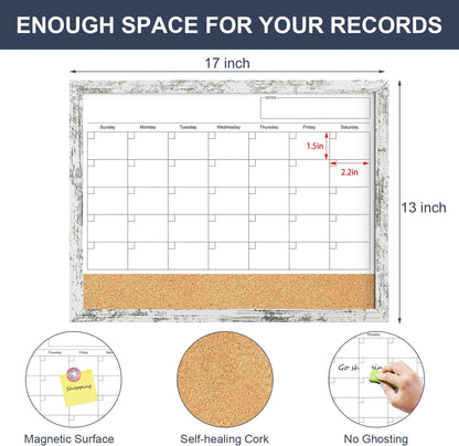 Calendar Whiteboard for Wall, TANKEE 17x13 Inches Whiteboard Calendar Cork Board Combo, Small Magnetic White Board with Wood Framed, Hanging Dry Erase Board for Kitchen Home Office School Planner