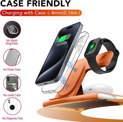3 in 1 Foldable Charging Station for Apple Products,Wireless Charger for iPhone 17 16 15 14 13 12 Pro Max,Travel Dock Adapter&Light for iWatch Series 11 10 9 Ultra 3/2 SE 3/2,for AirPods 4 3 2 Pro 3/2