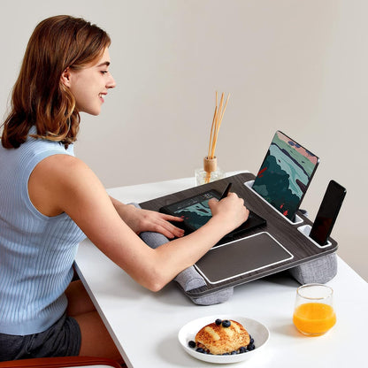 HUANUO Lap Desk - Fits up to 17 inches Laptop Desk, Built in Mouse Pad & Wrist Pad for Notebook, Laptop, Tablet, Lap Stand with Tablet, Pen & Phone Holder, Wood Grain
