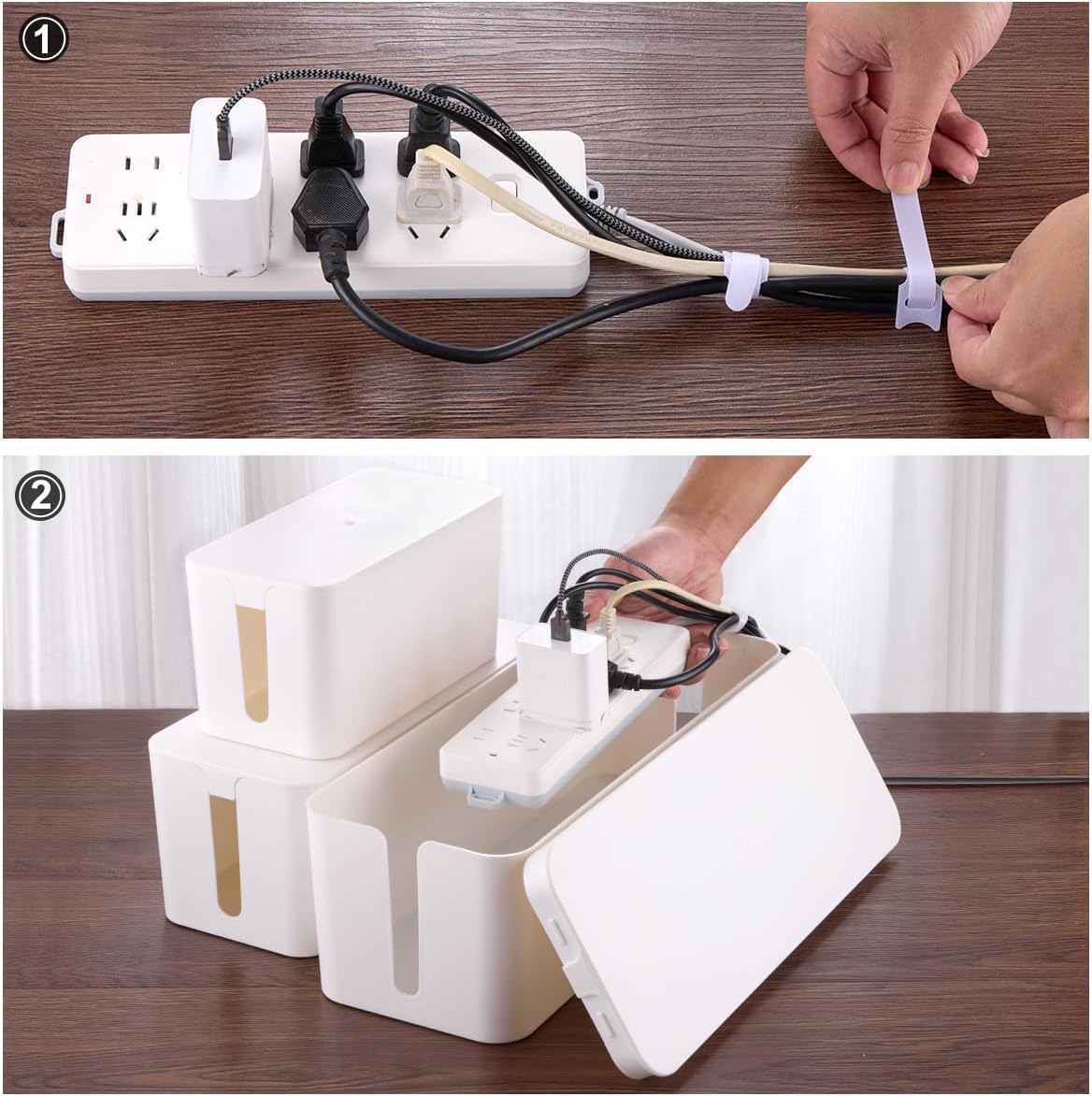 3 Pack Cable Management Box with 18 PCS Cable Management Set - Large & Medium & Small Wooden Grain Cable Organizer Box to Hide Wires & Power Strips | TV Cord Organizer Box | for Home & Office(Black)
