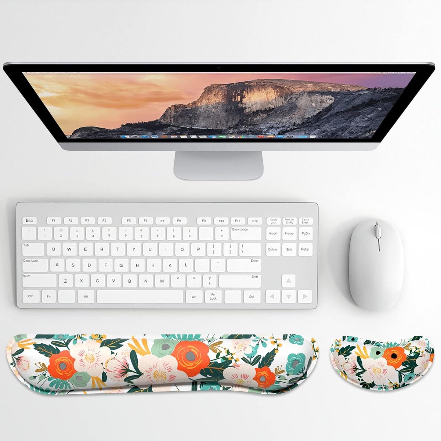 Dapesuom Enlarge Keyboard Wrist Rest, Memory Foam Wrist Cushion for Desk Mat Support, Cute Pain Relief Keyboard Mouse Pad Rests Set with Non-Slip Base for Gaming Laptop Office Computer, Elegant Flower