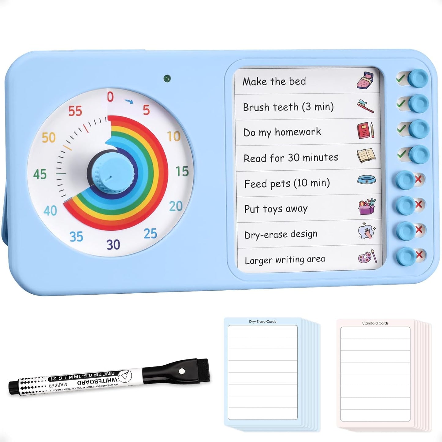 2-in-1 Visual Timer with Task Board for ADHD & Autism, Dry Erase Chore Chart and Visual Schedule for Kids & Adults, Rainbow Countdown Timer for Classroom, Home, Homeschool (White)
