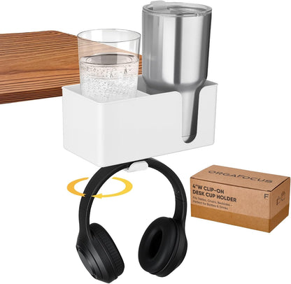 4-in-1 Clip On Desk Cup Holder, Fits up to 40oz cups - Mountable Holder with Adjustable Divider & 360° Rotating Hook - No Spill Clamp On Drink Holder Attachment - for Desk Chair Table Bed Tray - Black