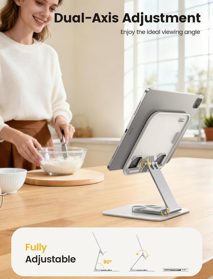 Lamicall Adjustable iPad Stand for Desk - [Ultra-Slim Foldable][360°Rotation Base] Tablet Holder Stand, Heavy-Duty E-Reader Kindle Holder for 4.7-13" Device, iPad Pro Air Mini, Kindle, Tabs, iPhone