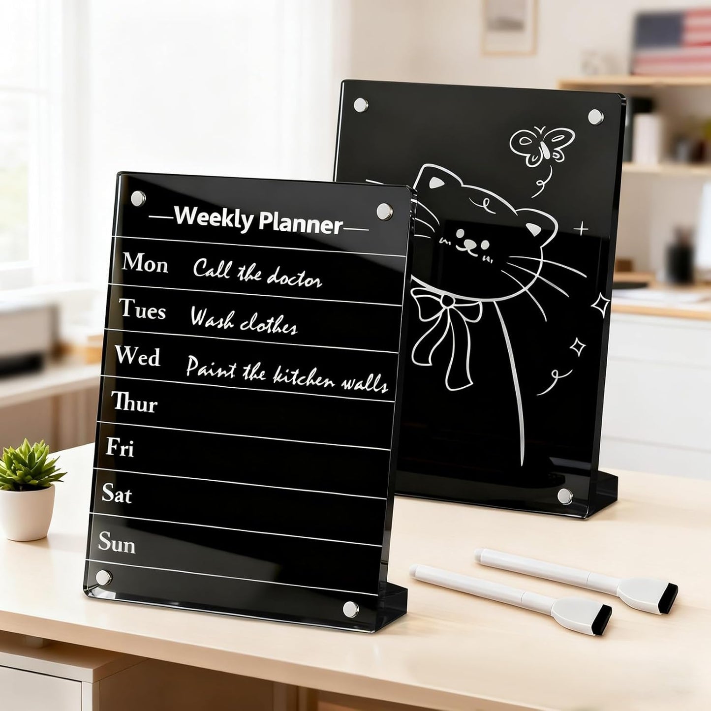 2PCS Clear Acrylic Weekly Dry Erase Board Desktop, 8x6 Small Magnetic Whiteboard with Stand for Table Calendar Memo Board for Fridge, Office, School, Home