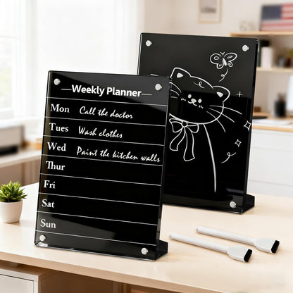 2PCS Clear Acrylic Weekly Dry Erase Board Desktop, 8x6 Small Magnetic Whiteboard with Stand for Table Calendar Memo Board for Fridge, Office, School, Home