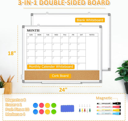 Weekly Calendar Dry Erase Whiteboard for Wall, 24"x18" Magnetic Weekly Planner White Board, Double Sided Hanging Daily Planning Board for Home, Office, School, Kitchen