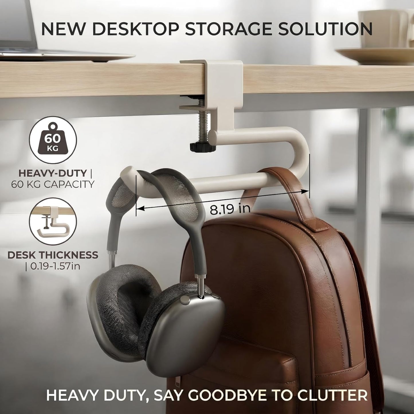 Desk Hook & Bag Hooks for Tables, Anti-Slip 60LB Heavy Duty Clamp-On Backpack Hanger, Extended Clearance Bag Holder for Desk for Office & Gaming, Adjustable (0.19-1.57in) (White)