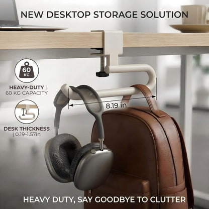 Desk Hook & Bag Hooks for Tables, Anti-Slip 60LB Heavy Duty Clamp-On Backpack Hanger, Extended Clearance Bag Holder for Desk for Office & Gaming, Adjustable (0.19-1.57in) (White)