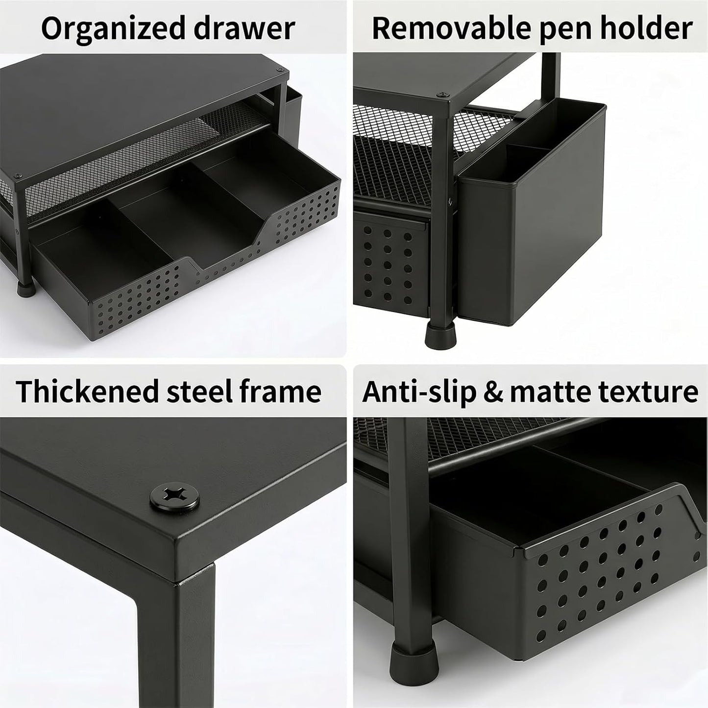 ECOLOVI Desk Organizer and Accessories, 2-Tier Computer Monitor Stand Rise with Storage Drawer & 2 Pen Holders, Laptop & Printer Stand for Desktop, Workspace Organizers for Office Supplies (Brown)