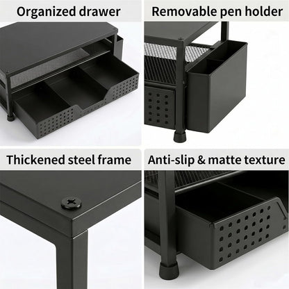 ECOLOVI Desk Organizer and Accessories, 2-Tier Computer Monitor Stand Rise with Storage Drawer & 2 Pen Holders, Laptop & Printer Stand for Desktop, Workspace Organizers for Office Supplies (Brown)