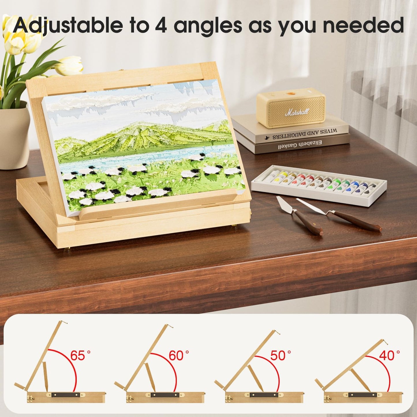 LUCYCAZ Art Easel for Painting, Tabletop Painting Easel Set for Kids, Pine-Wood Portable Easel Stand for Artists with Canvas, Acrylic Paints, Brushes, Palette and Palette Knives for Adults Beginners
