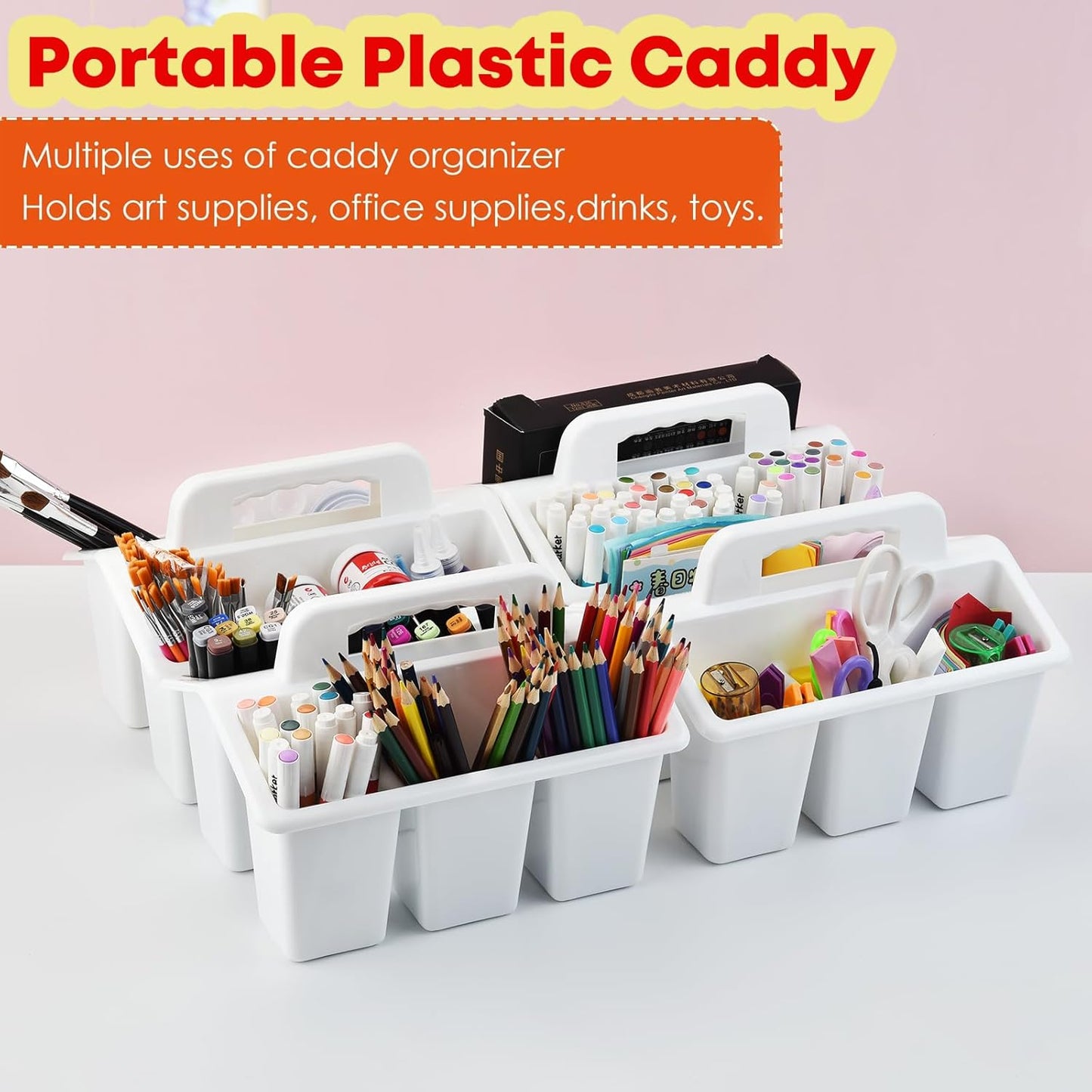 ALINK Classroom Caddy Storage Basket with Handle, 6 Pack Plastic Arts Office Crafts Caddy 4 Compartments for Kids, Pencil, Crayon, Marker, School Supplies - Clear