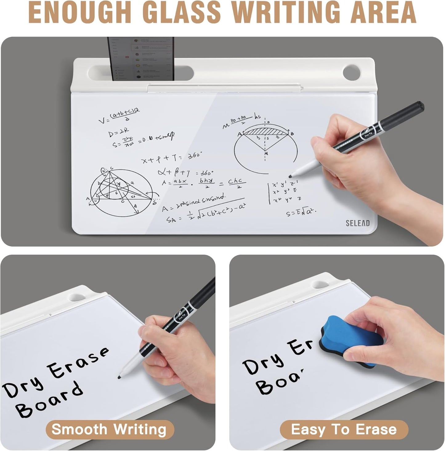 SELEAD Desktop Glass Whiteboard with Wireless Charger Station, Dry Erase Board Computer Pad Keyboard Stand with Organizer for Home, School, Office Desk Accessories, Black