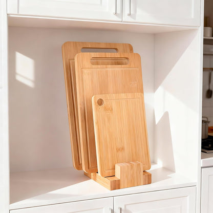 Donxote Bamboo Cutting Board Organizer Rack - Pot Lid, Baking Pan, Bakeware & Knife Holder, Cabinet and Countertop Storage Stand for Kitchen, Dish, Plate, and Cookbook