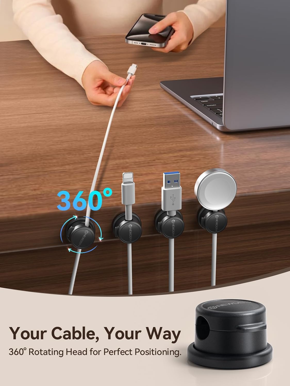 NEWDERY Magnetic Cord Organizer | 10 Pack Cable Clips with 360° Swivel & 1s Lock | Charging Cord Holder for Desk, Nightstand | Perfect Cable Management for Home Office & Gaming Setup- Clear