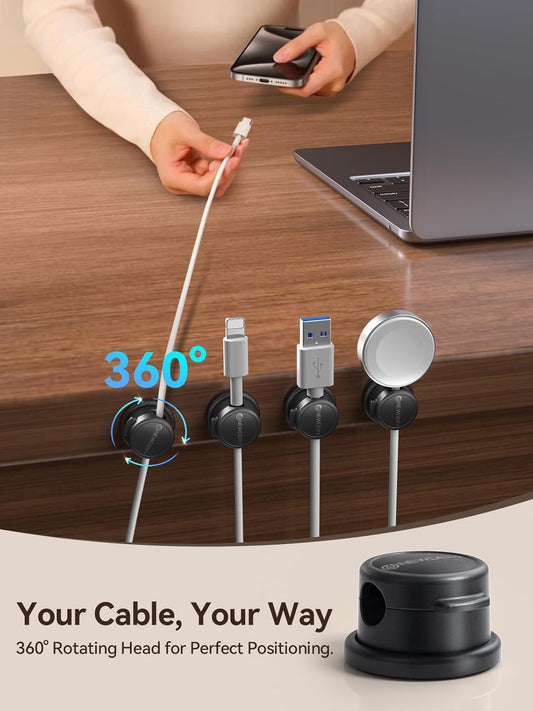 NEWDERY Magnetic Cord Organizer | 10 Pack Cable Clips with 360° Swivel & 1s Lock | Charging Cord Holder for Desk, Nightstand | Perfect Cable Management for Home Office & Gaming Setup- Clear
