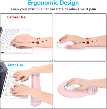 Dapesuom Keyboard Wrist Rest and Mouse Pad with Wrist Support, Cute Memory Foam Cushion for Keyboard and Mouse Set, Ergonomic Desktop Pad Rests with Non Slip Base for Easy Typing & Pain Relief, Pink