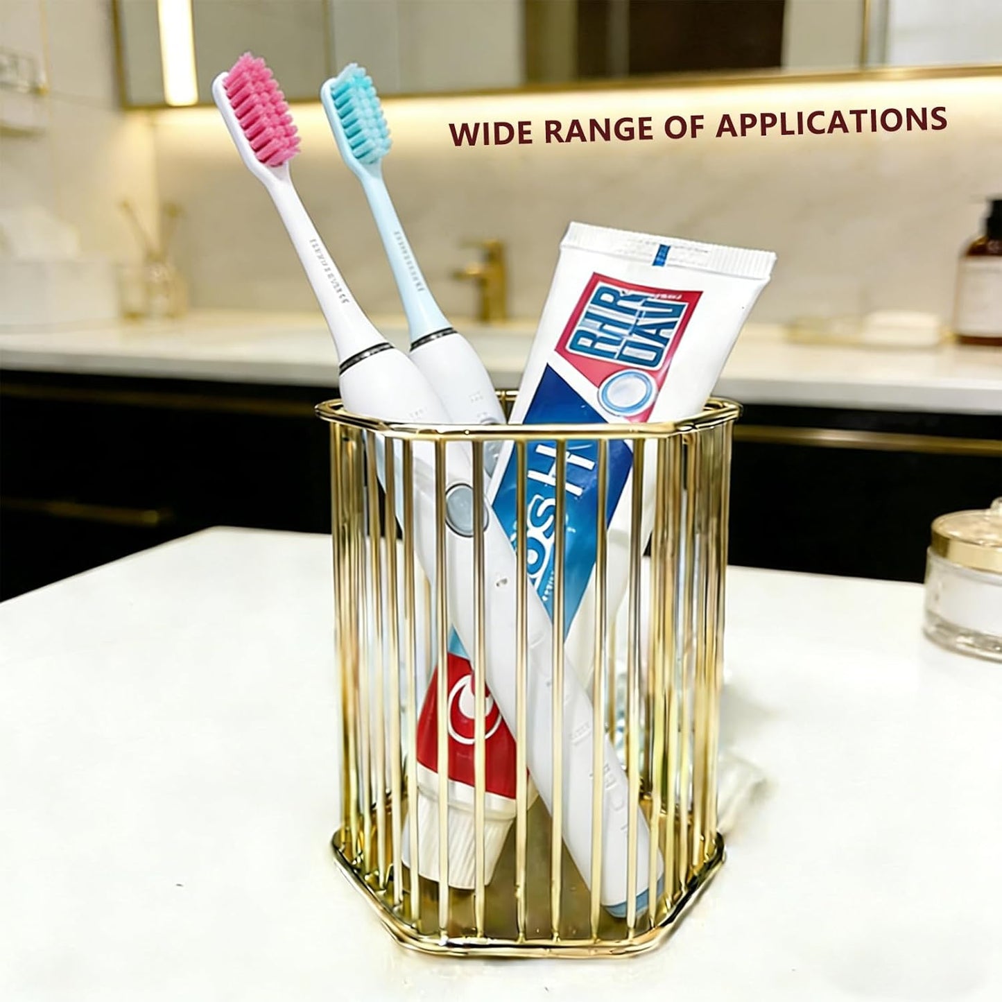 Gold Metal Pen Holder for Desk - Heavy Duty Makeup Brush Organizer Cup with, Pencil Holder for Office & Home, Storage for Stationery/Cosmetics/Art Supplies, Matte Finish, 4.8 Inch (Round)