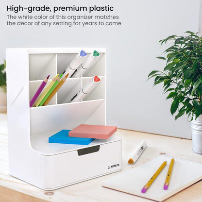 ARTEZA Desktop Pen and Marker Organizer, 6-Compartment White Pen Holder for Desk with Stationery Drawer, Makeup Organizer
