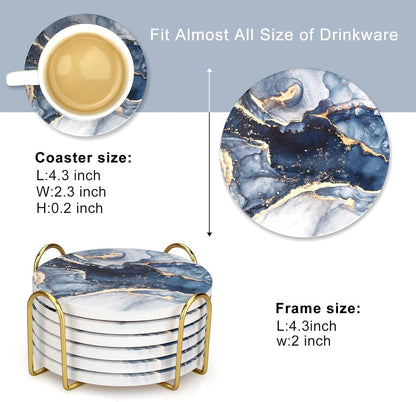 Coasters Set of 6, Navy Blue Marble Abstract Round Ceramic Coasters with Holder, Best Absorbent Drink Coaster Set, Coffee Table Decor for Home Decor House Warming Gifts New Home