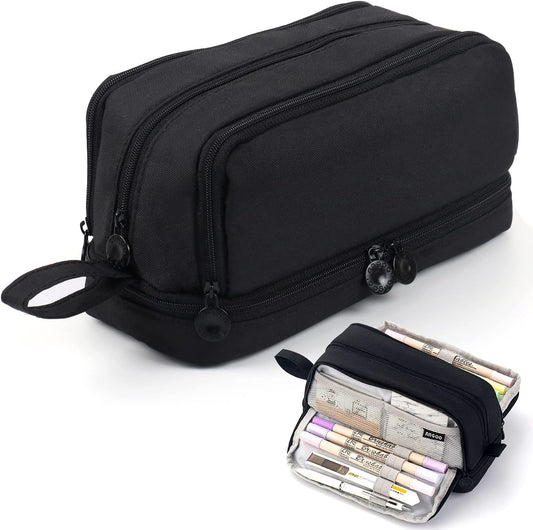 MAMUNU Large Capacity Pencil Case 4 Compartments, Pencil Pouch Bag with Zipper Portable Handle, Pen Case Bag Stationery Organizer for Office College School Adults Teen Girls Boys Men Women, Black