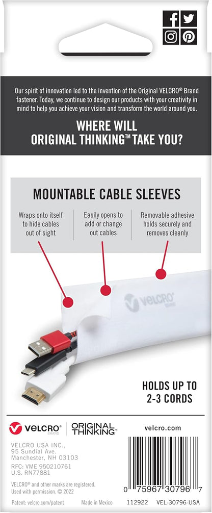 VELCRO Brand Mountable Cable Sleeve | Cord Management Mounts on Walls, Desk or Entertainment Center | Removable Adhesive is Damage Free | 8in Black, 2pk, 8in - 2Pk