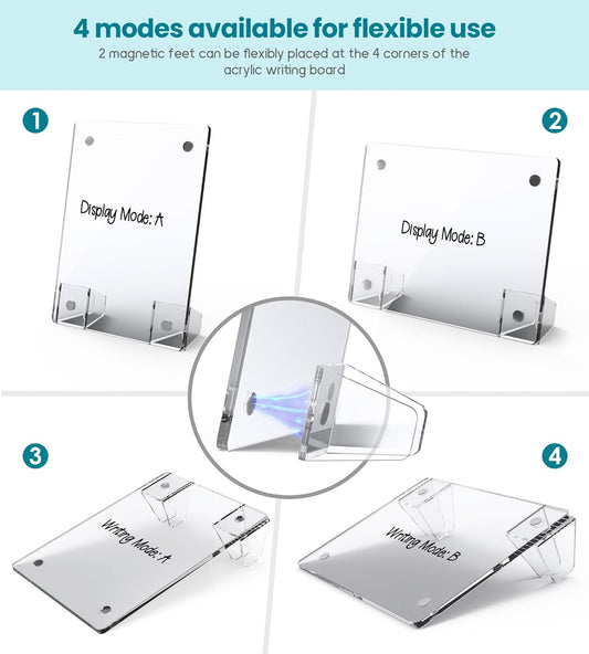 Clear Acrylic White Board 8x6 Inches, Frameless Desktop Dry Erase Board with Flexible Magnetic Stand and Markers, Mini Whiteboard Desk Accessories for Women, Home, Office, School