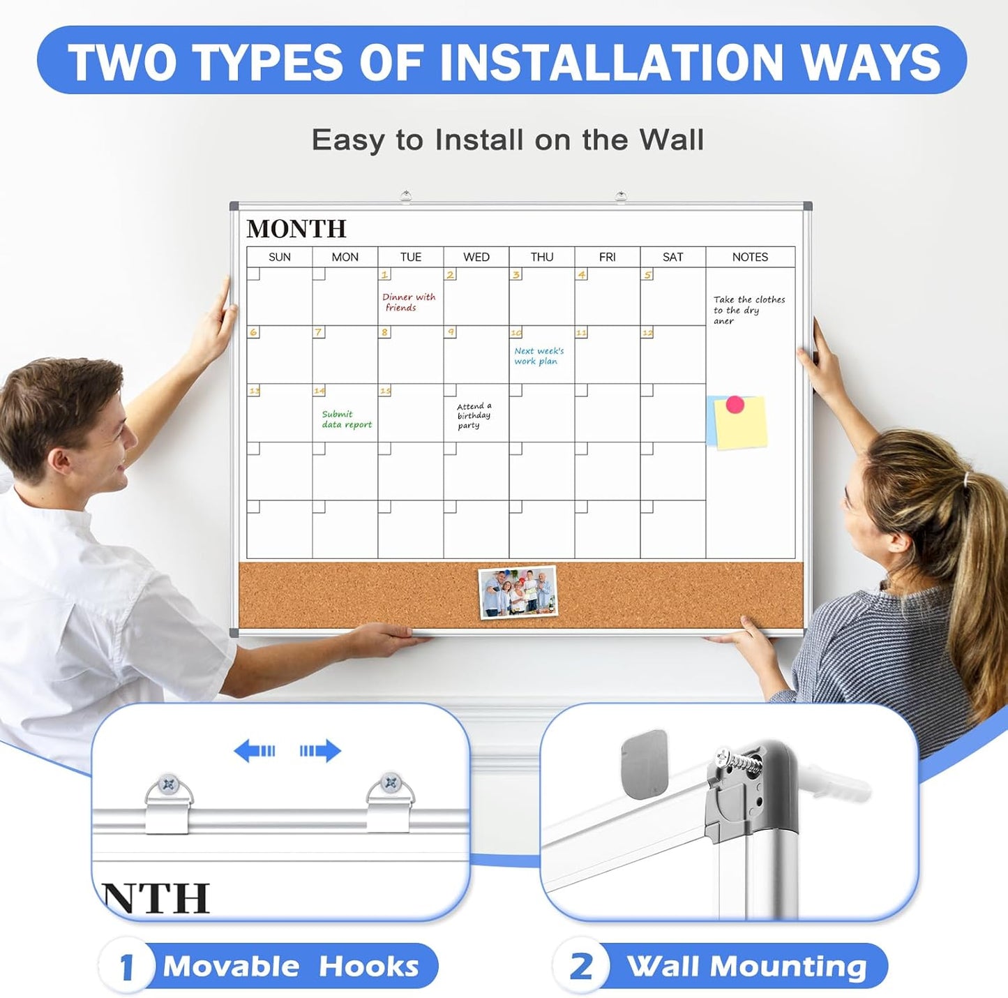 Weekly Dry Erase Calendar Whiteboard for Wall, 24" x 18" Double-Sided Weekly Planner White Board Cork Combo, Hanging & Wall Mount Week Bulletin Board with Notes for Home, Office, School, Kitchen