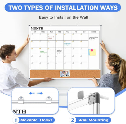 Weekly Dry Erase Calendar Whiteboard for Wall, 24" x 18" Double-Sided Weekly Planner White Board Cork Combo, Hanging & Wall Mount Week Bulletin Board with Notes for Home, Office, School, Kitchen