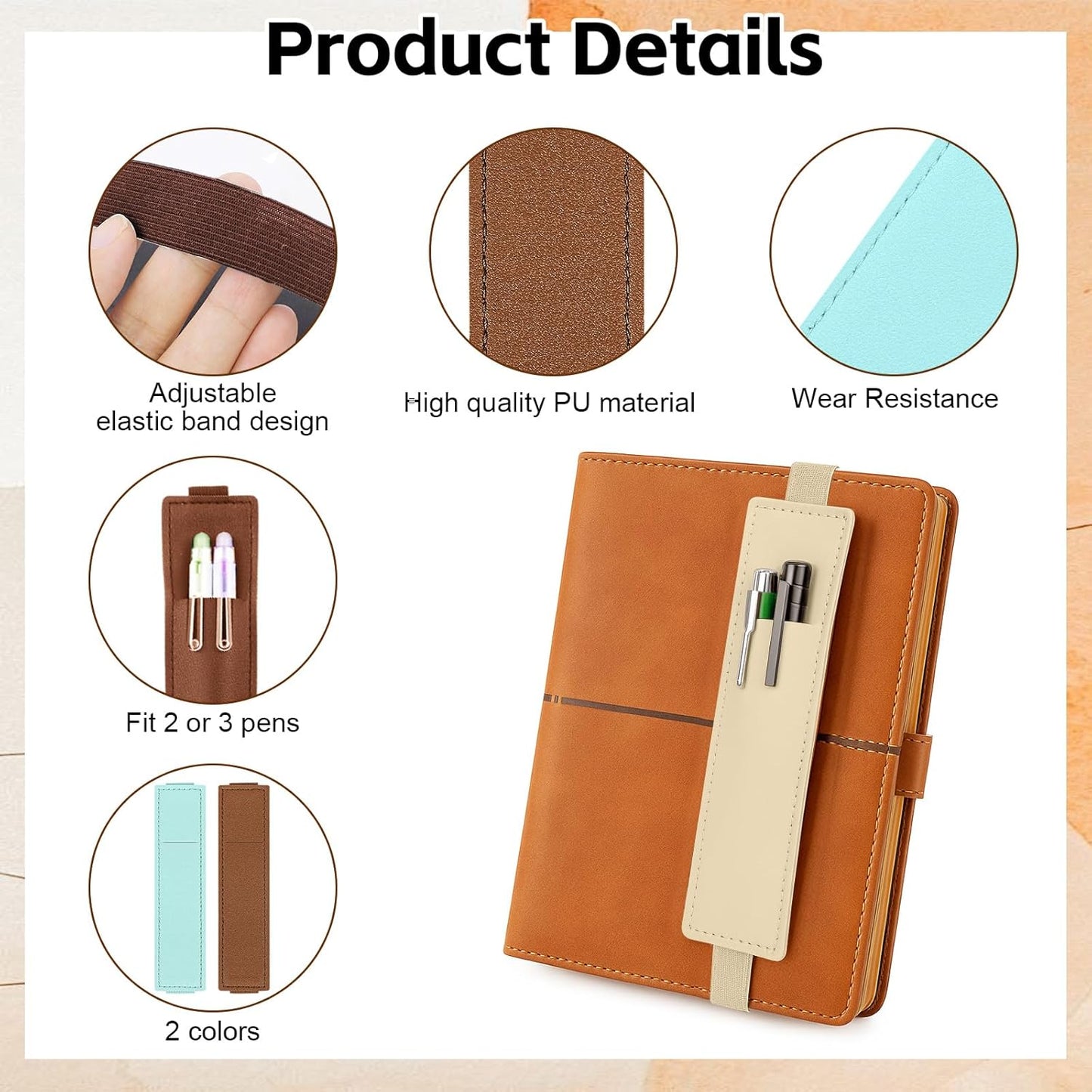 Tokusatsu 2 Pack Adjustable Elastic Pen Holder for Notebook, PU Leather Pencil Pouch with Stretchable Band, Fits Journals, Binders, Planners, Books, Portable Pen Sleeve Pouch, Off-White