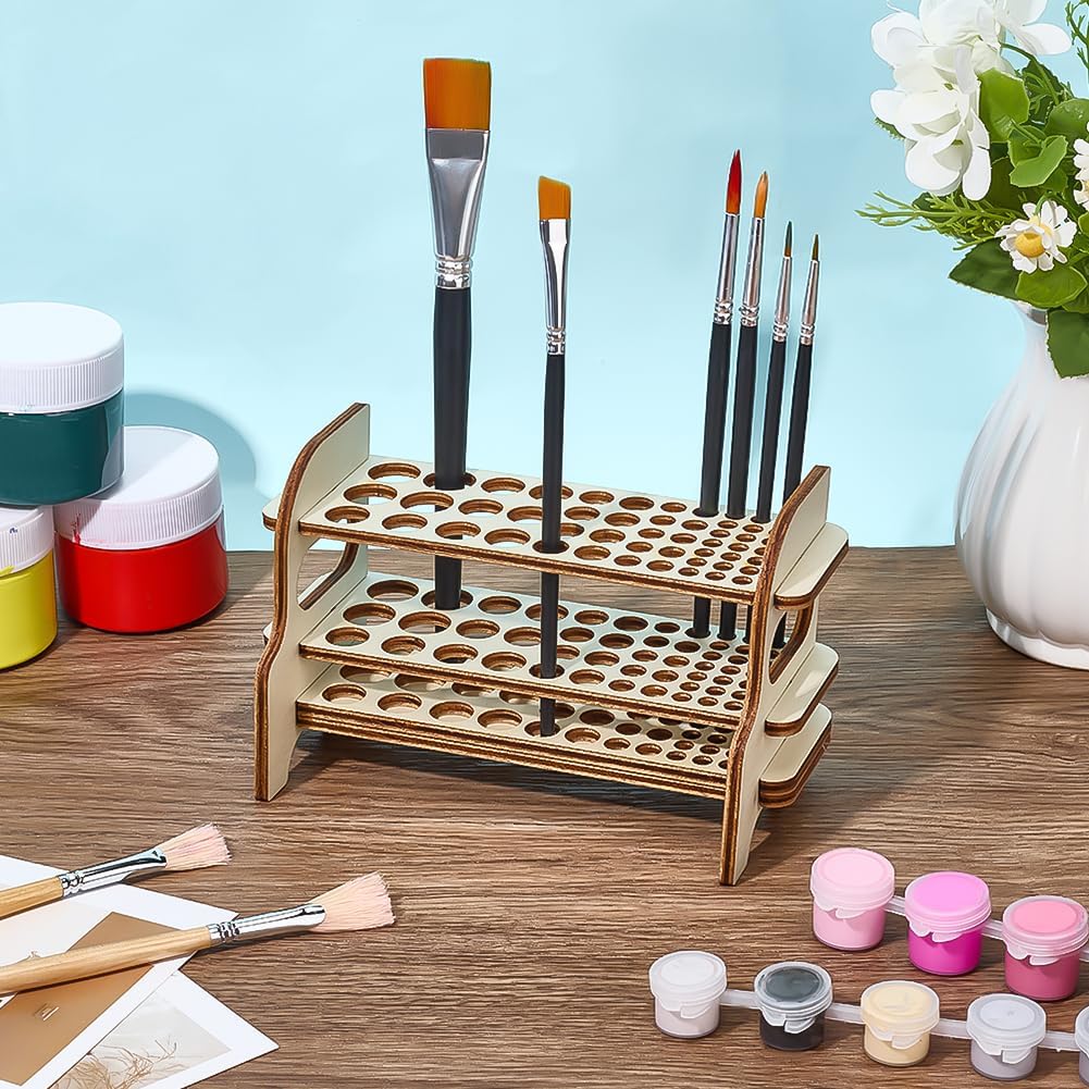 PH PandaHall Wooden Paint Brush Holder, 51 Holes Paint Brush Organizer Rack 2-Tier Desktop Artist Brushes Storage Stand for Painting Brush, Pens, Pencils, Art Craft, 7x3x4.3inch