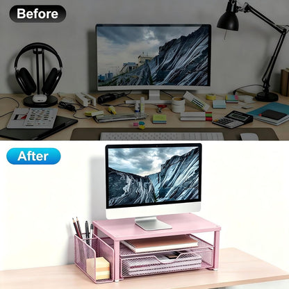 Spacrea Desk Organizer and Accessories, Computer Monitor Stand Riser with Drawer and 2 Pen Holders, Office Desk Accessories & Workspace Organizers for Office Supplies (Wood)