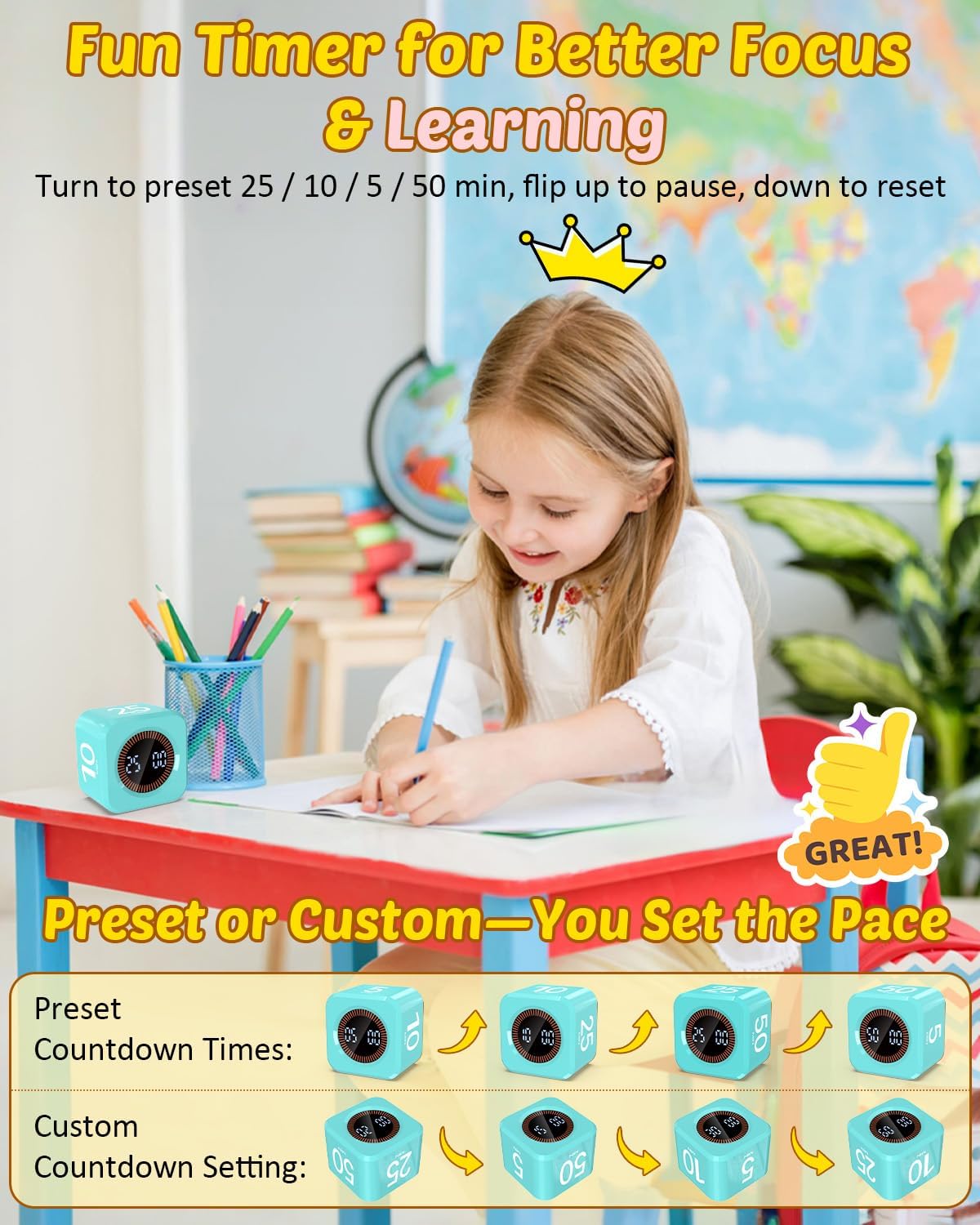 Digital Pomodoro Timer Cube 5/10/25/50min, Visual Productivity Flip Timer for Kids Classroom Desk, Custom Countdown, Silent and Sound Mode for ADHD Study Work Game Kitchen (Pink)