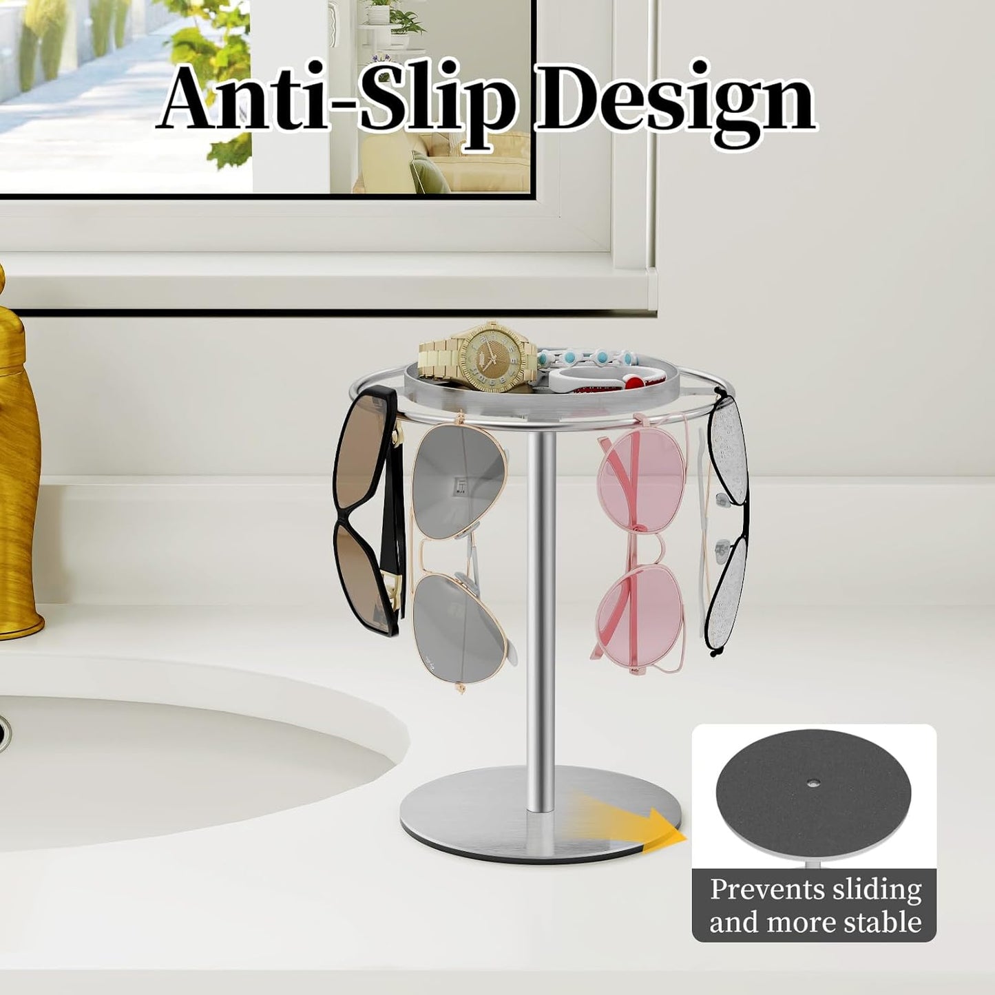LSK Metal Sunglasses Organizer, Glasses Holder Stand with Storage Tray, Eyeglasses Holder with Anti-Slip Pads for Tabletop, Desk, Dresser, Matte Black