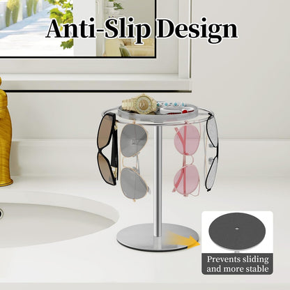 LSK Metal Sunglasses Organizer, Glasses Holder Stand with Storage Tray, Eyeglasses Holder with Anti-Slip Pads for Tabletop, Desk, Dresser, Matte Black