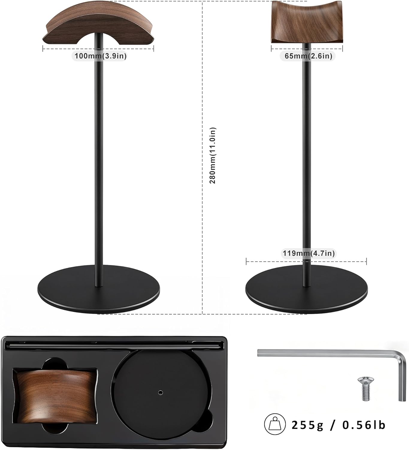 Headphone Stand, Walnut Wood & Aluminum Headset Stand, Nature Walnut Gaming Headset Holder with Solid Heavy Base for All Headphone Sizes (Black)
