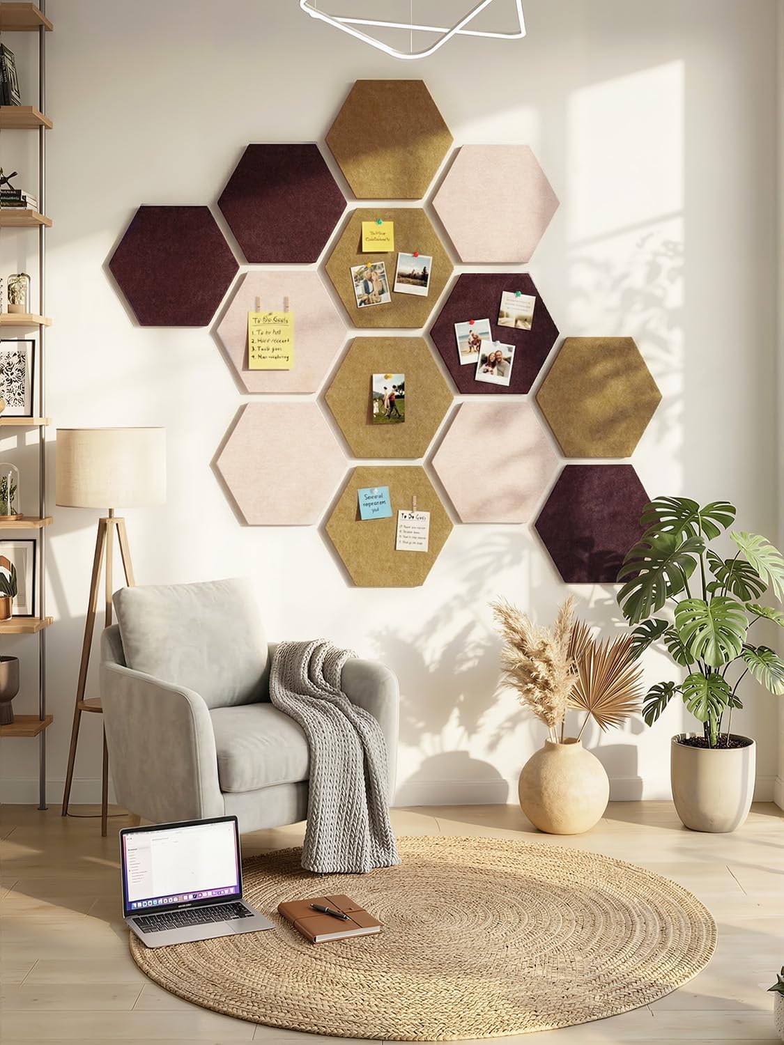 8 Pack Hexagon Felt Bulletin Board Tiles - 12" Large Thick Pin Board for Walls with 30 Push Pins, DIY Boards for Office Home School Decor, Aesthetic Hex Cork Board Alternative