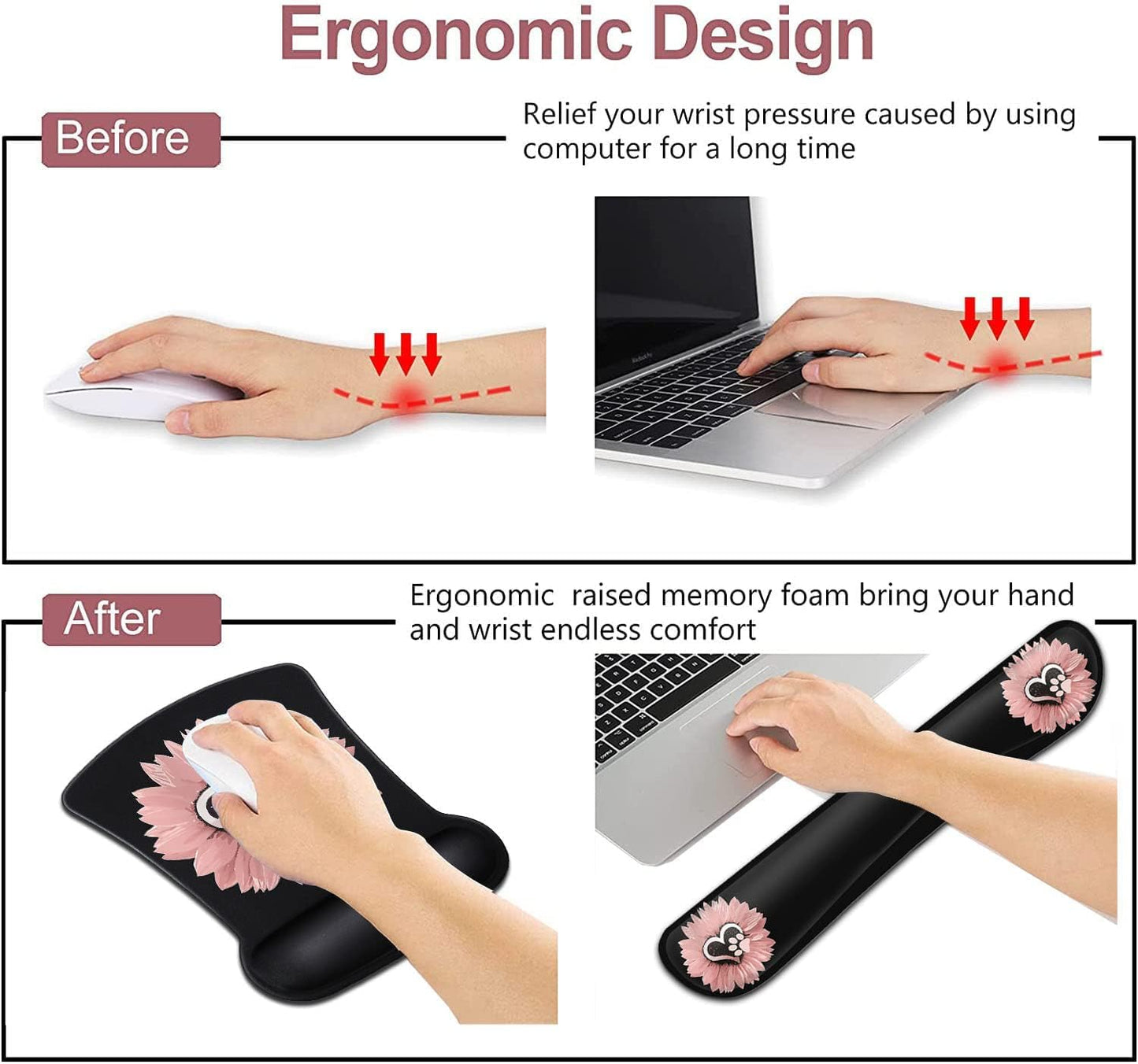 Mouse Pad with Wrist Support, Ergonomic Gel Mouse Pad Beautiful Flowers,Non-Slip Durable, Memory Foam Keyboard Wrist Rest, Suitable for Office Typing Games, Pink Hyacinths on Wood Panel
