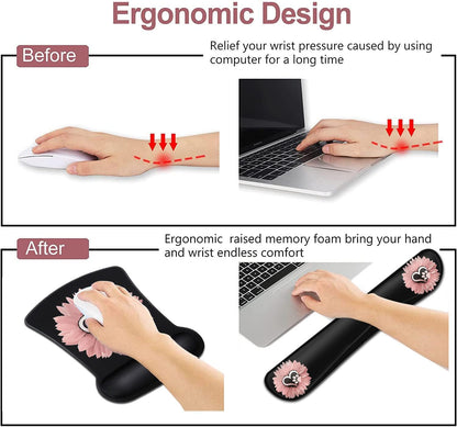 Mouse Pad with Wrist Support, Ergonomic Gel Mouse Pad Beautiful Flowers,Non-Slip Durable, Memory Foam Keyboard Wrist Rest, Suitable for Office Typing Games, Pink Hyacinths on Wood Panel