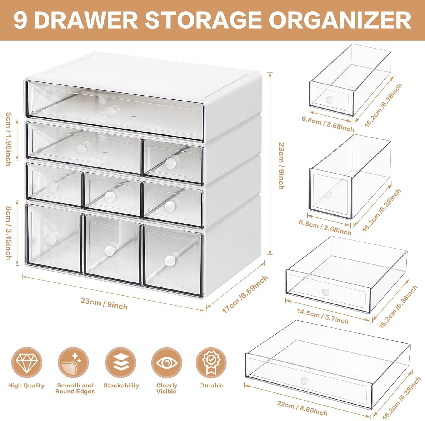 Desk Storage Organizer with 9 Drawers, 4 Tiers Stackable Desktop Craft Storage Drawers, Clear Storage Box Caddy for Stationary Makeup Jewelry Office Craft Supplies (Green)