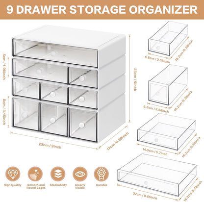 Desk Storage Organizer with 9 Drawers, 4 Tiers Stackable Desktop Craft Storage Drawers, Clear Storage Box Caddy for Stationary Makeup Jewelry Office Craft Supplies (Green)