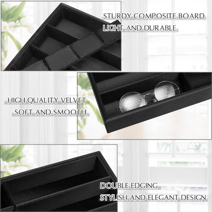 Amylove 4 Pcs Gray Sunglass Organizer Trays 4 Grids Velvet Glasses Holder Jewelry Display Organizer Eyeglasses Storage Box Drawer