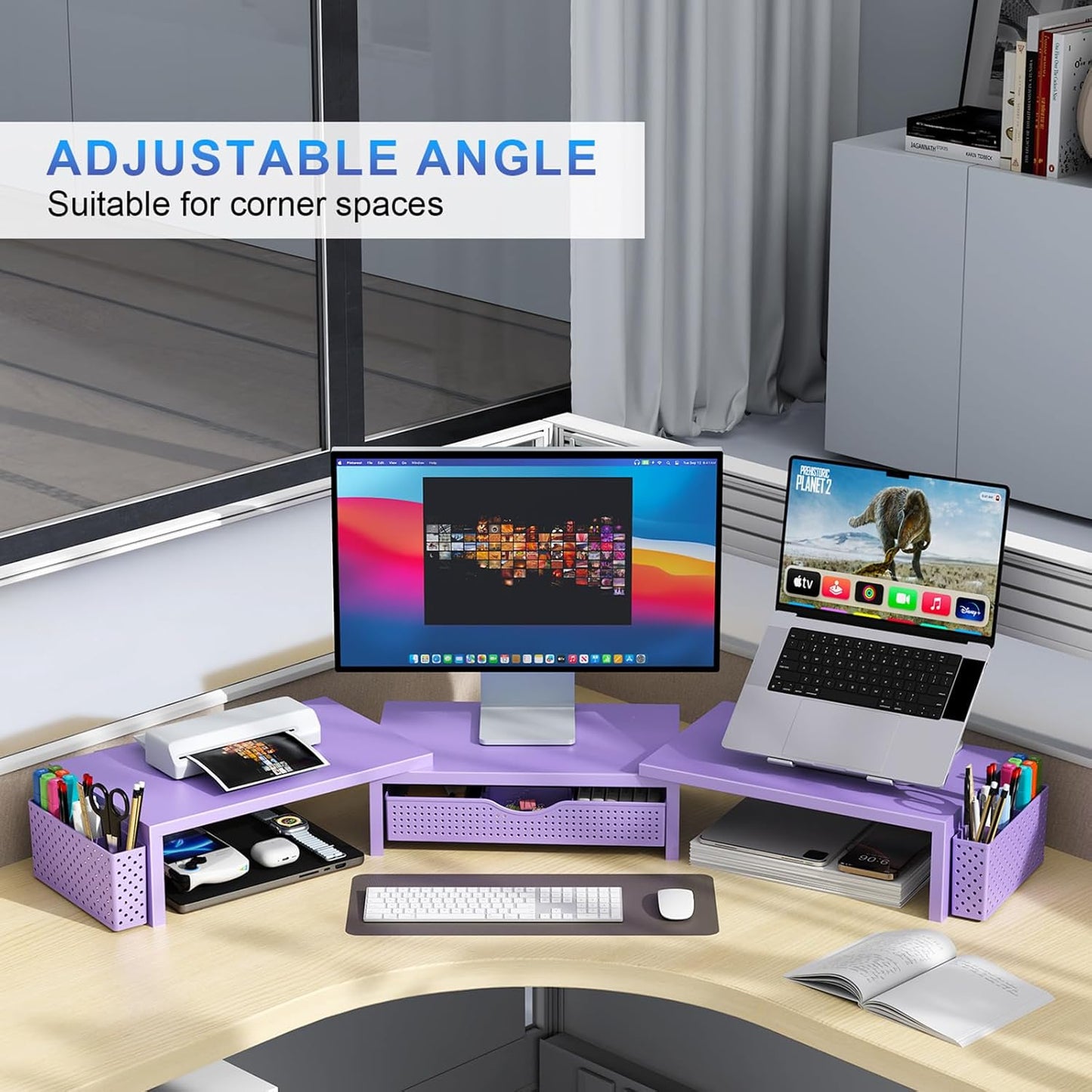 gianotter Dual Monitor Stand Riser, Desk Organizer With Drawer and 2 Pen Holders,Computer Monitor Stand, Desk Shelf for Top of Desk, Wood