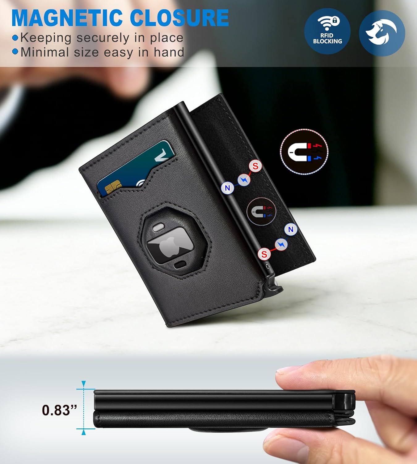 Airtag Wallet for Men,with Cash Pocket 2 ID Window 10+ Cards,Metal Case Smart Slim Pop Up Credit Card Holder Flip with Magnetic Closure RFID Blocking Trifold Leather wallet with Gift Box