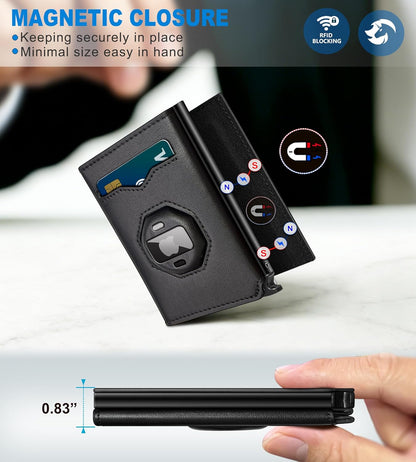 Airtag Wallet for Men,with Cash Pocket 2 ID Window 10+ Cards,Metal Case Smart Slim Pop Up Credit Card Holder Flip with Magnetic Closure RFID Blocking Trifold Leather wallet with Gift Box